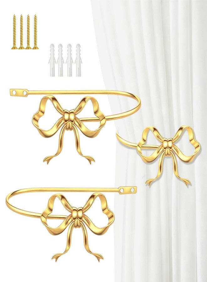 Otoolling 2 Pack Metal Bow Curtain Holdbacks Gold Wall Mounted Curtain Hold Backs Curtains Modern Tiebacks Decorative Window Drapery Tiebacks with Bow Finials for Living Room Bedroom Office Home - Image 1
